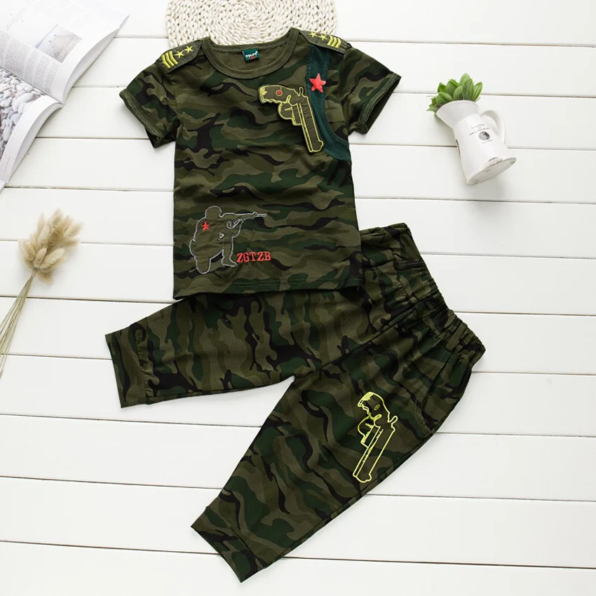 

2PCs T-shirt+Cropped Trousers Clothing Set for Toddler Boys Military Uniform Camouflage Gun Print Army Suit Outfits