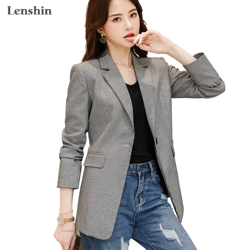 

Lenshin Plaid Jacket with Two Pockets Long sleeve One Button Women Elegant Blazer Fashion Work Wear Office Lady Coat Outwear