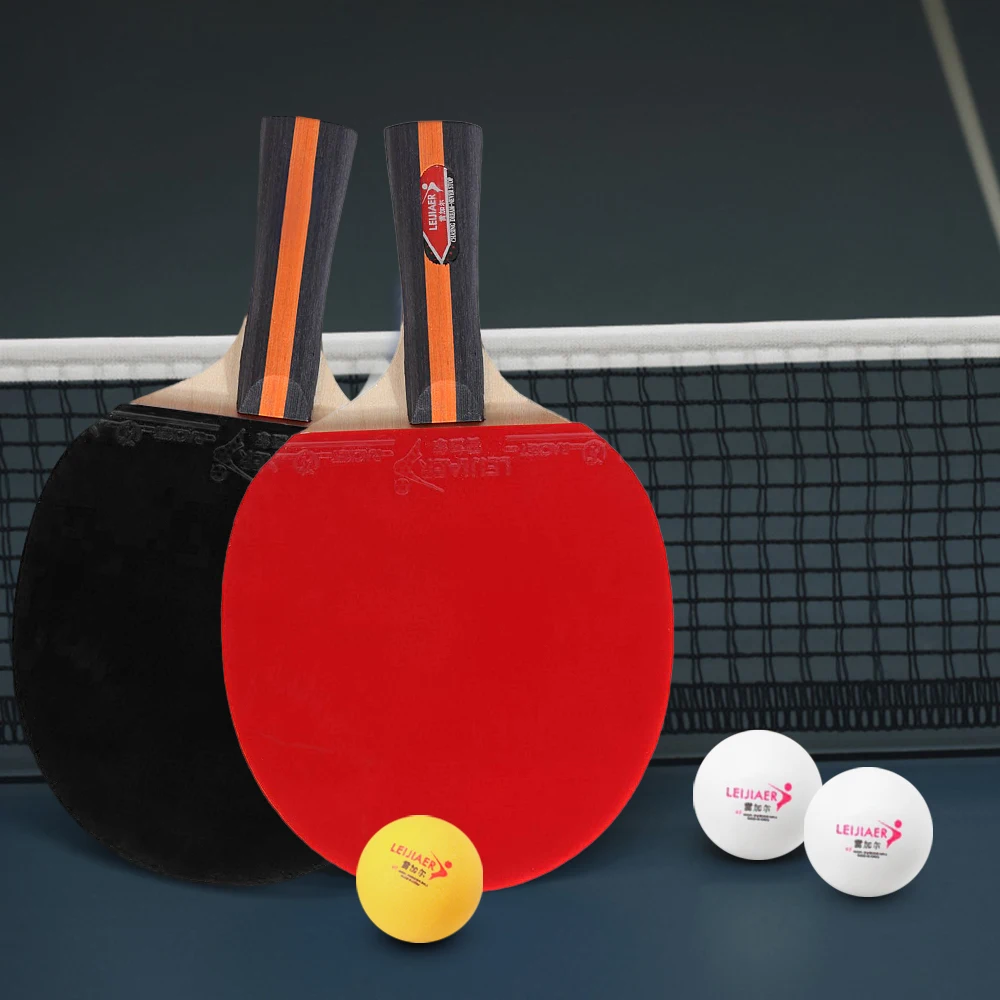 2PCS Table Tennis Rackets and 3 Ping Pong Balls with Cover Bag 7-ply Wood Long Handle Rubber Table Tennis Bats 25.6* 15cm