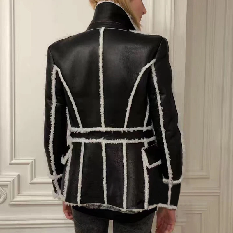 TWOTWINSTYLE лоскутные меховые куртки из искусственной кожи для женщин воротник с лацканами длинный рукав хит цвет осенние пальто Женская мода