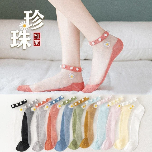 Women Transparent Short Socks, Short Socks Women Daisies