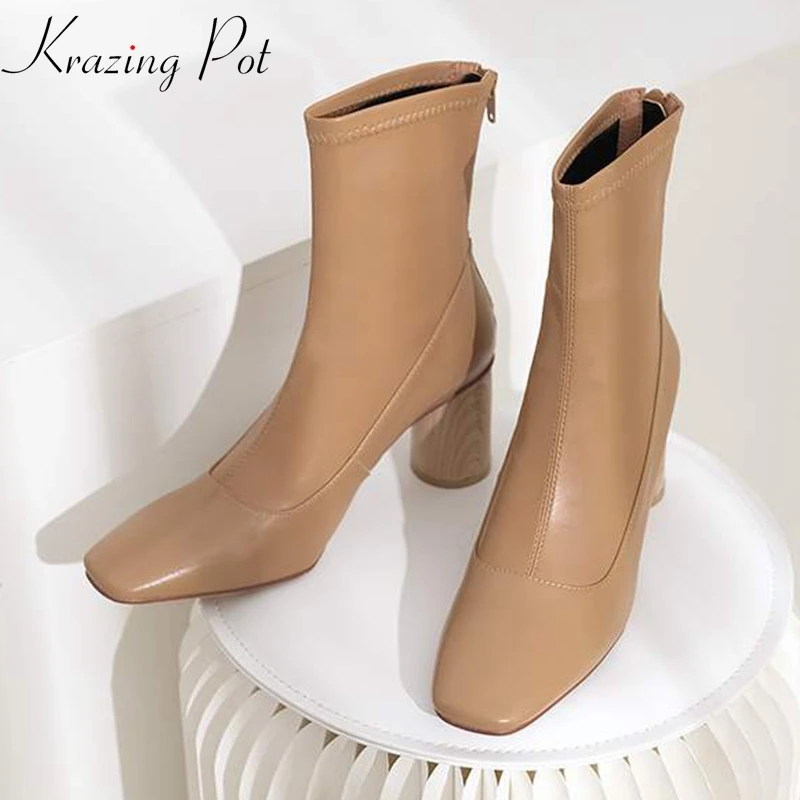 

krazing pot chic design cow leather square toe keep warm milk tea color round high heels preppy style superstar ankle boots l9f8