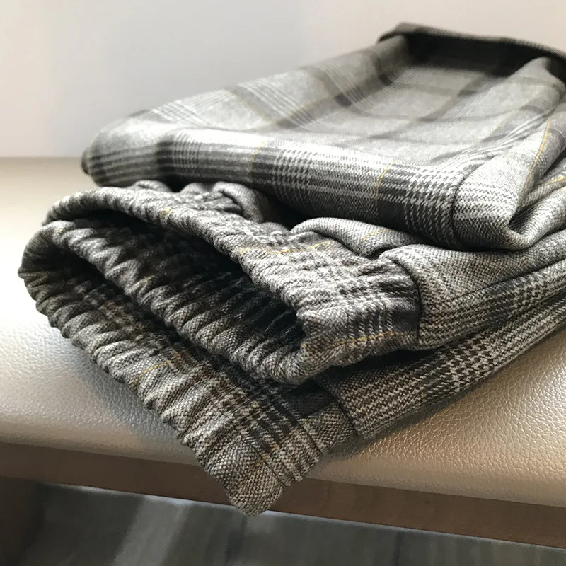 Casual pants women's autumn and winter new Korean version LOOSE WOOL PLAID Harun pants high waist 9-point pants