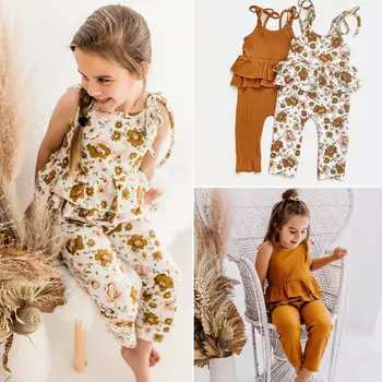 

0-24M Toddler Baby Girl Rompers Clothes Ruffle Sleeveless Belt Flowers Print Jumpsuit Outfit Summer