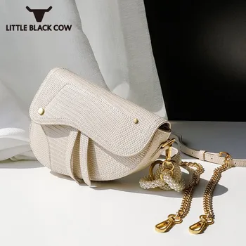 

OL Style Solid Color Saddle Bags Women Street Crossbody Shoulder Bag Female Spring Autumn Ladies Genuine Leather Chain Bag