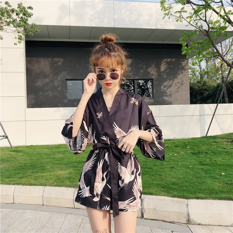 Японское кимоно Haori Yukata рубашка Женский солнцезащитный модульный кардиган кран принт Ретро традиционный шикарный пляжный костюм летняя мода