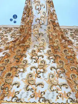 

wholesale price african french net lace fabric 5 yards sequins fabric paillette fabric for skirt dress lace FFD-1016