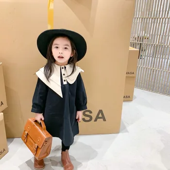 

Children's spring and autumn college style casual dress girls fashion Korean irregular big lapel doll dress retro dress
