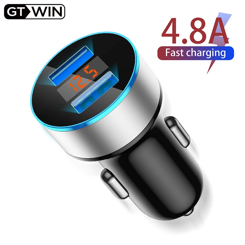 GTWIN-Adaptador de carga rápida con pantalla led para coche, cargador de teléfono universal con USB dual de 4.8A