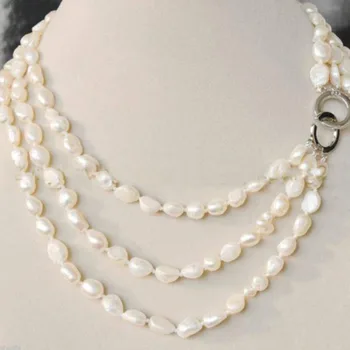 

NEW 3 Rows 7-8mm real baroque white freshwater pearl jewelry necklace 17-20"