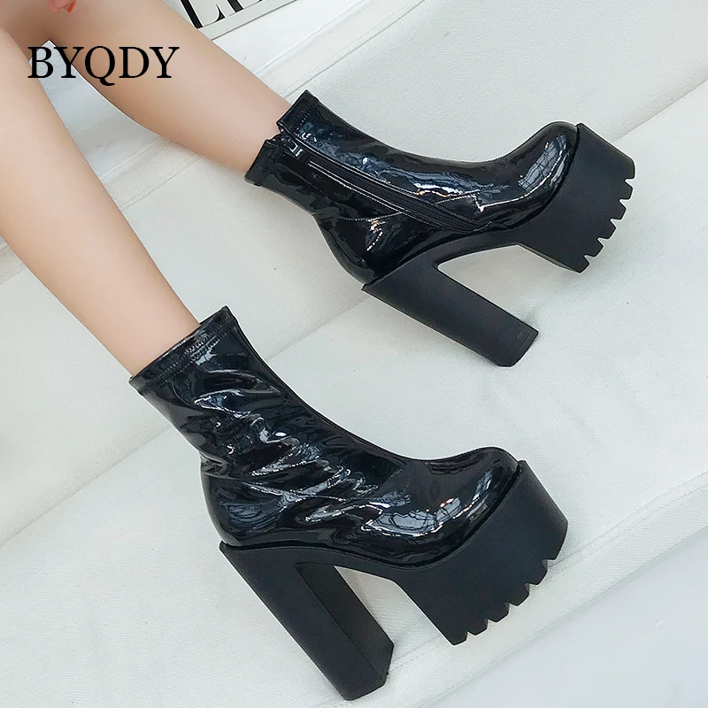 

BYQDY Ultra High Heels Woman Platform Shoes Round Toe Autumn PU Leather Woman Party Shoes Ankle Boots Thick Heels Black Zipper