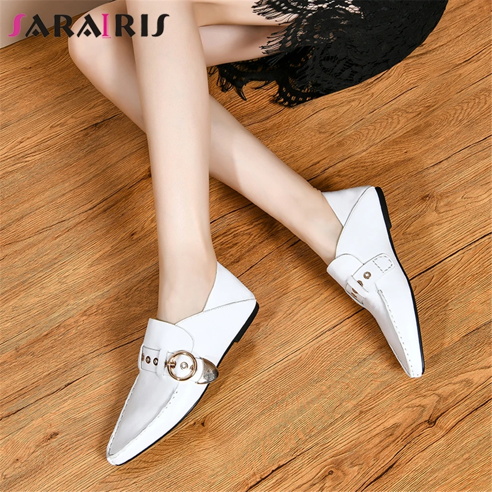 

SARAIRIS Big Size 33-43 Female Casual Belt Buckle Flats Women 2020 Loafers Shoes Woman Pointed Toe Genuine Leather Shoes Woman
