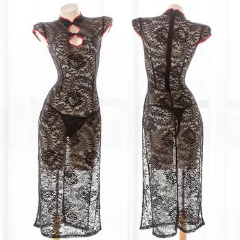 

Women's Black Lace Perspective Lingerie Sexy Cheongsam Uniform High split Lolita Hollow Out Thin Long Dress Cosplay Vintage