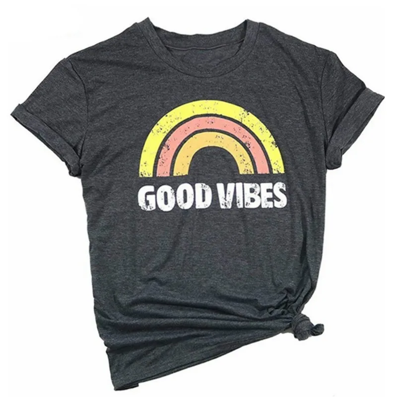 Футболка Good Vibes, женская футболка, милые топы, короткий рукав, буквенный принт, радужная графическая футболка, женская одежда - Цвет: 1