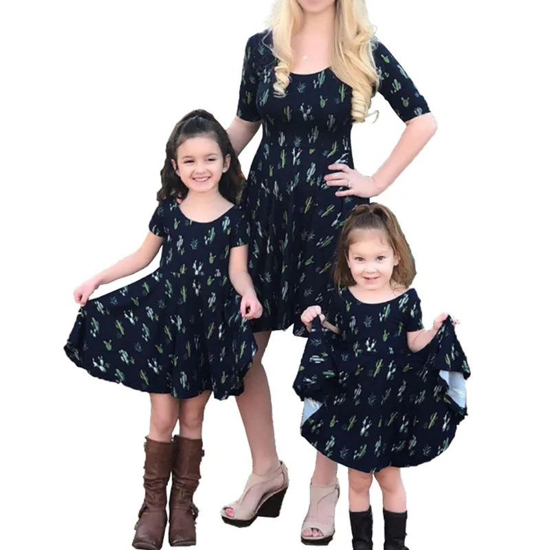 

Ladies’ Fashion Matching Color with Floral Patterns European Style Parent-Child Cactus Dresses