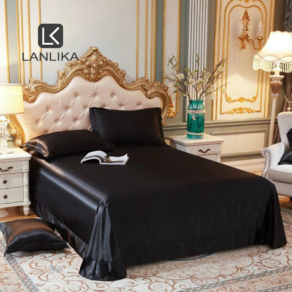 Lanlika Drap Plat De Luxe Noble Noir 100 Soie Drap De Lit Housse D Oreiller Douce Linge De Maison Livraison Gratuite Aliexpress