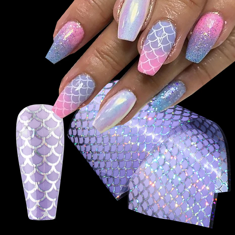 Mermaid Gradient Nail Art Foil Transfer Stickers, Nail Supplies Laser Fish  Scales Holographic Gradient Starry Sky Colorful Designs Full Wrap Transfers