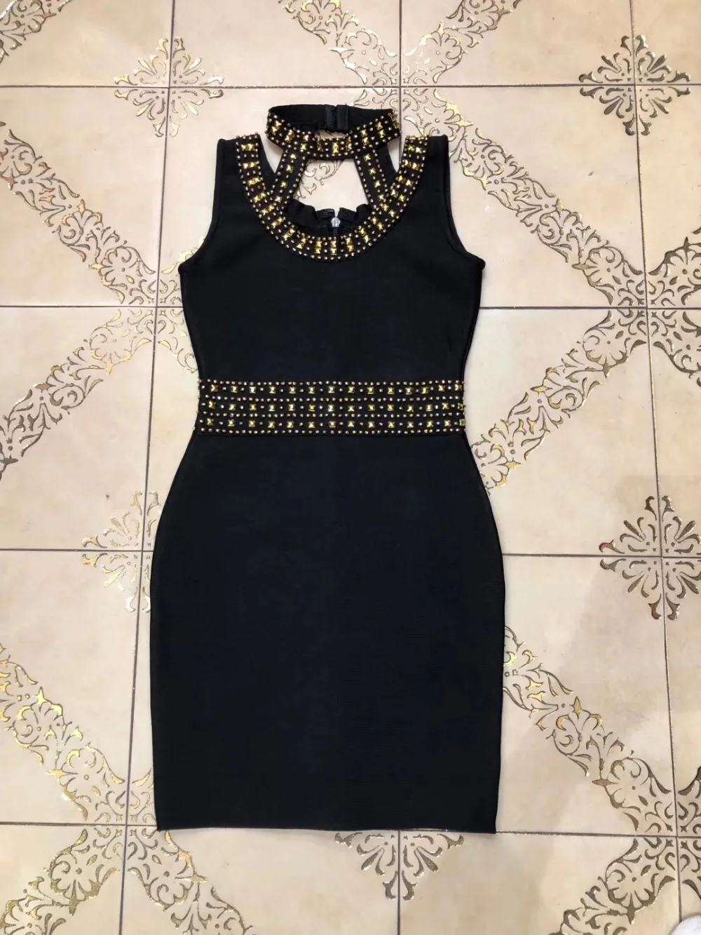 Новинка, женское черное платье с бисером, Vestidos, с круглым вырезом, без рукавов, для знаменитостей, для вечеринки, бодикон, бандажные платья