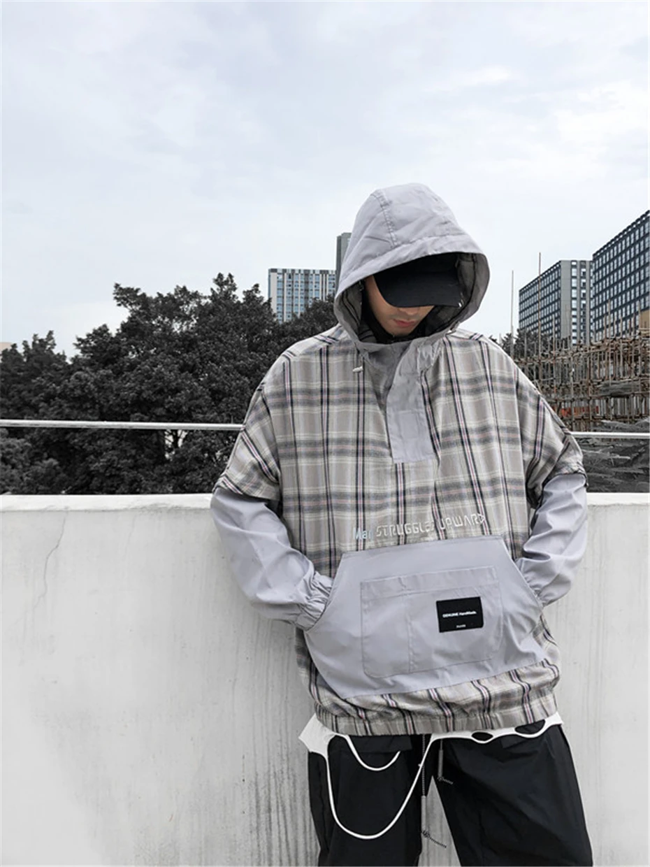 Красные клетчатые толстовки для мужчин Harajuku лоскутное свитер с капюшоном уличная мода хип хоп повседневные топы Мужские WG525