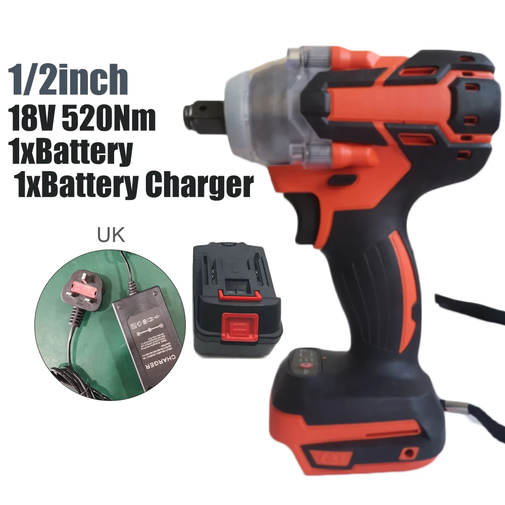 

Electric Impact Wrench Driver+Battery+charger 18V 1/2in 520Nm Torque Brushless Cordless With LED Work Light