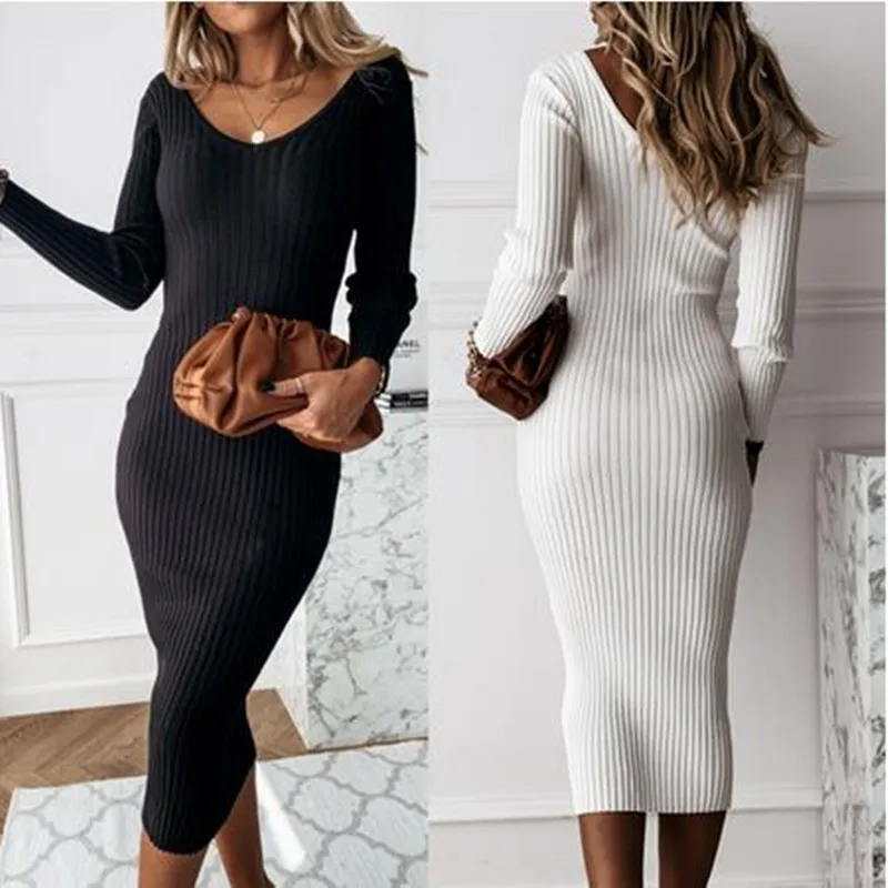 

Autumn Knit V-Neck Slim Women Pit Strip Long-Sleeved Solid Dress White Basis Bodycon Base Dress 2020 Sexy Party Club Midi Dress