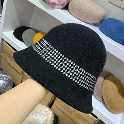Autumn Winter Women Wool Blend Bucket Hat Solid Dome Warm Fishing Hats Elegant Lady All Macth Harajuku Caps Casual Fashion - Цвет: Black
