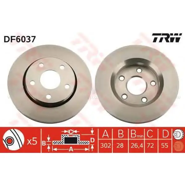 TRW DF6037 Диск тормозной передн JEEP: WRANGLER II(TJ) 96-, WRANGLER III(JK) 07