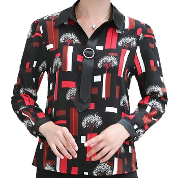 

Office Lady Elegant Shirt Smart Casual Red Black Tree Pattern Printing Chiffon Top Woman Turn Down Collar With Tie Ribbon Blouse