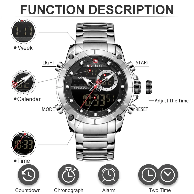 NAVIFORCE мужские часы с двумя дисплеями Топ бренд класса люкс Бизнес Кварцевые часы мужские s модный светодиодный, аналоговый, цифровой водонепроницаемый наручные часы