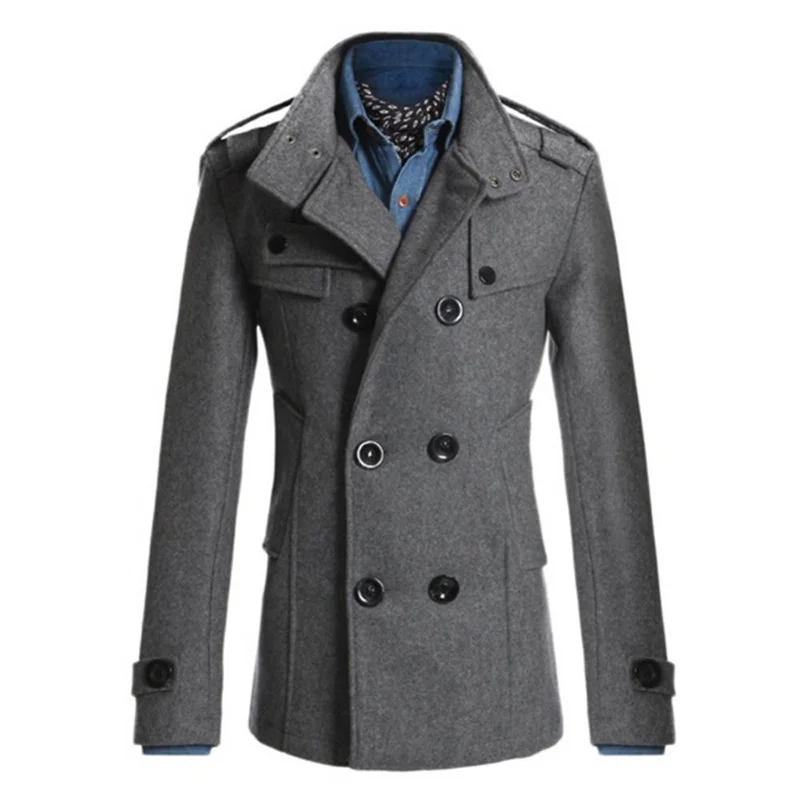 Mens New Winter Warm Trench Woolen Coat Slim Casual Reefer Jackets Solid Stand Collar Double Breasted Peacoat parka