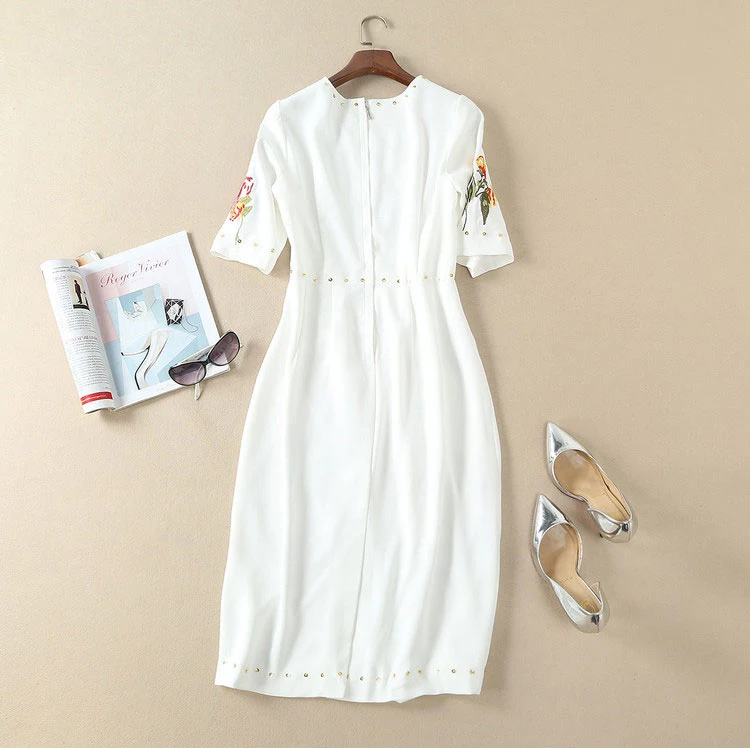 Svopryxiu роскошное Летнее белое платье для подиума женские высококачественные короткий рукав, расшитый бисером цветок вышивка аппликация вечерние платья