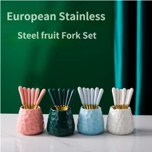 Luxury European Style Stainless Steel Fruit Fork Set with Fruit Bowl Home Children's Fruit Pick Fork with Storage Jar Lovely