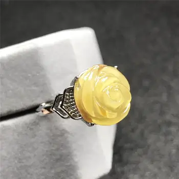

13mm Natural Yellow Amber Flower Carved Ring Jewelry For Woman Man Love Gift Silver Beads Stone Adjustable Finger Ring AAAAA