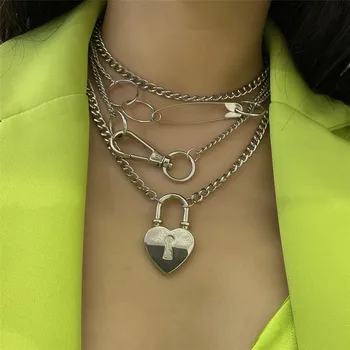 

3Pcs/Lot Punk Cuban Chunky Chain Heart Pendant Necklace Exaggerated Paper clip Round Circle Choker Necklace for Women Jewelry