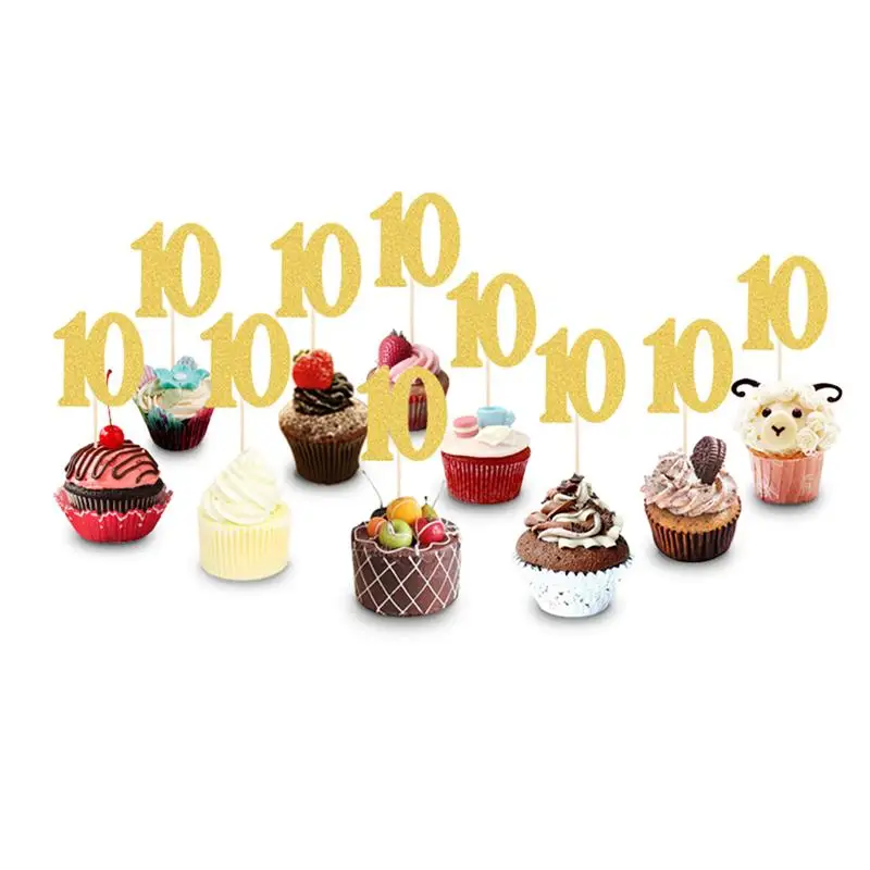 10 шт., номер 10-100, блестящие топперы для кексов, топперы для торта, украшения для торта для вечеринки, Бумажные палочки, палочки, десерт, фруктовый Декор