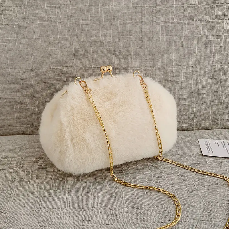 

White Women Lady Faux Fur Single Shoulder Bag Winter Chains Girls Trendy Furry Plush Casual Vogue Korean Japan Girl Bags Bols