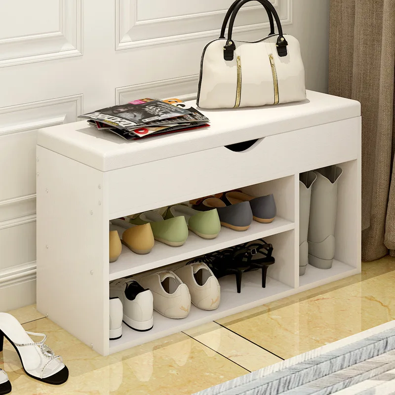 Modern Solid Wood Shoe Cabinet living shoe shelves Storage Box Containing Chair self standing PU leather cushion |