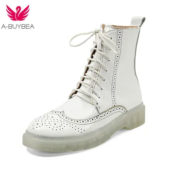 

Genuine Leather Ankle Boots for Women 2020 Autumn Winter ShortBoots Female Women Booties Fashion Lace Up White Women Shoes