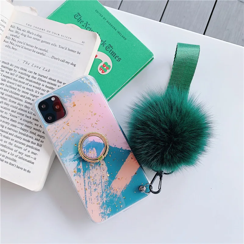 AC8404 USLION Золотой фольга волос мяч ремешок чехол для телефона для iPhone 11 Pro Max X XS XR Xs Max 6 6s 7 8 Plus Мягкий ТПУ с держателем задняя крышка - Цвет: AC8404