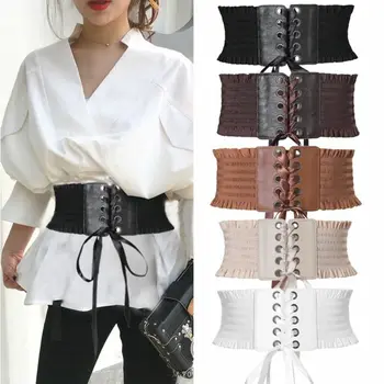 

Fashion Women Cummerbunds Ladies Hollow Bandage Belt Soft PU Leather Wrap Around Tie Corset Cinch Waist Wide Dress Belt 5Colors