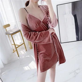 

Pink Velour Sleepwear Intimate Lingerie 2pcs Nightgown Kimono Bathrobe Gown Female Solid Colour Women Twinset Robe Suit