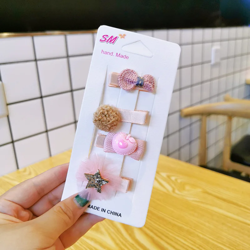 4 Piece Korean Fashion Children's Hairpins Hairpins Sweet Cute Girl Princess Cartoon Flower Bow Duckbill Clip Hair Accessories