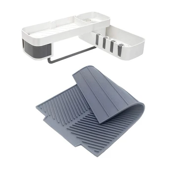 

1 Pcs Seamless Corner No Drill Shelves Drain Rack Storage Shelf & 1 Pcs Dish Drying Mat Flume Folding Draining Mat