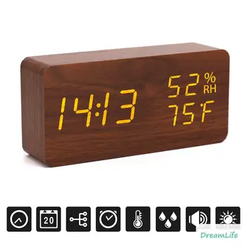 

Digital Alarm Clock Wood LED Adjustable Brightness Voice Control Desk Wooden Alarm Clock with Day Date Temperature