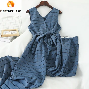 

P255 2020 New Korean Style Waistband Plaid Jumpsuit Temperament High Waist Wide Leg One Piece Casual Rompers Womens Jumpsuit