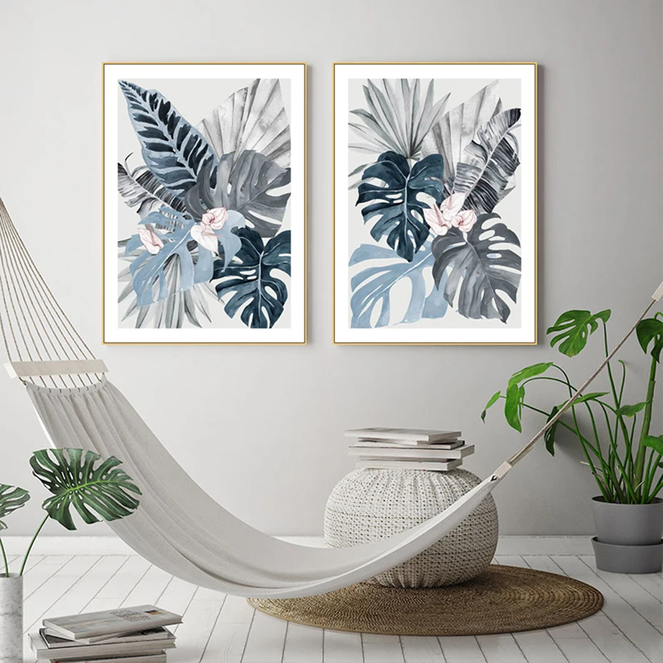Modern Floral Tropical Blue Palm Leaf Canvas Painting Wall Art Prints Picture for Living Room Bedroom Home Decoration No Frame