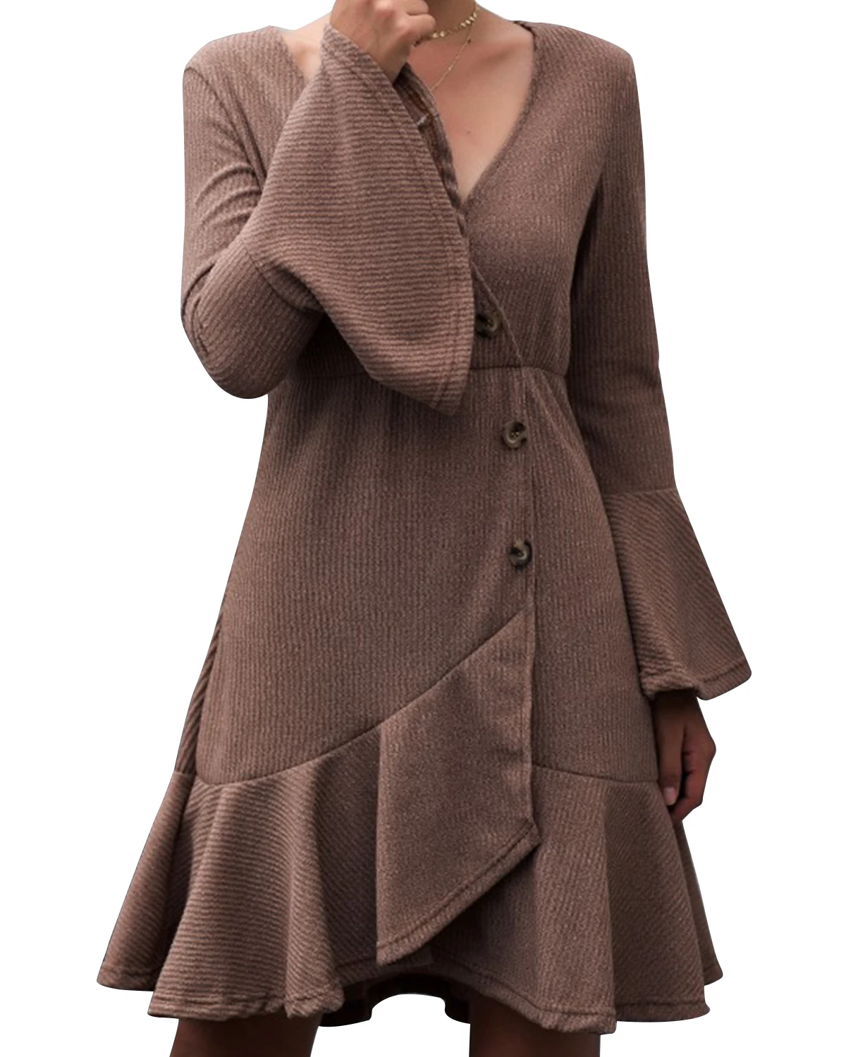 

Joinelse Autumn Solid Women Causal Dress Deep V-Neck Flared Long Sleeve Female Dresses Button Knitted Flounces Feminino Vestidos