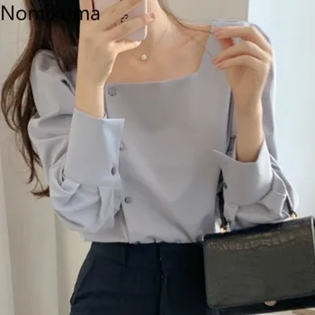 

Nomikuma Korean Style Square Collar Long Lantern Sleeve Elegant Blouse Solid Color Fashionable Tops Shirts Women Blusas 3a325