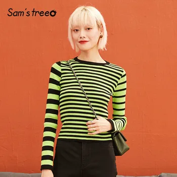 

SAM'S TREE Green Stripe Skinny Pullovers Women Sweaters 2019 Winter Fashion Female Irregular Sleeve Leisure Office Ladies Tops