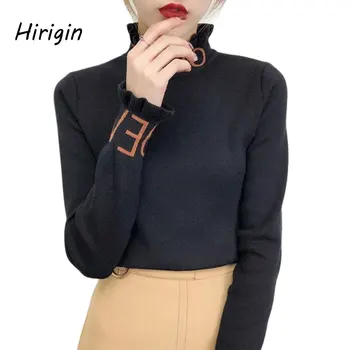

Women Fall Winter Ruffles Turtleneck Sweater High Elastic letter Printed Sweater Sexy Knitted Pullover Blouses For Office Lady